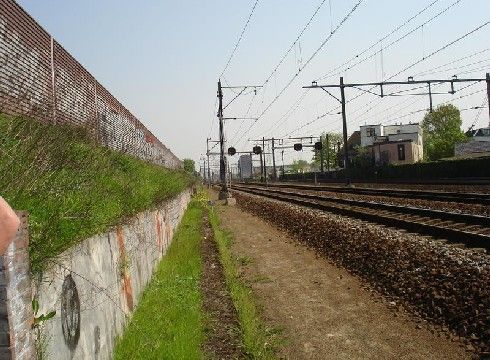 Spoorlijn met aarden wal en geluidscherm